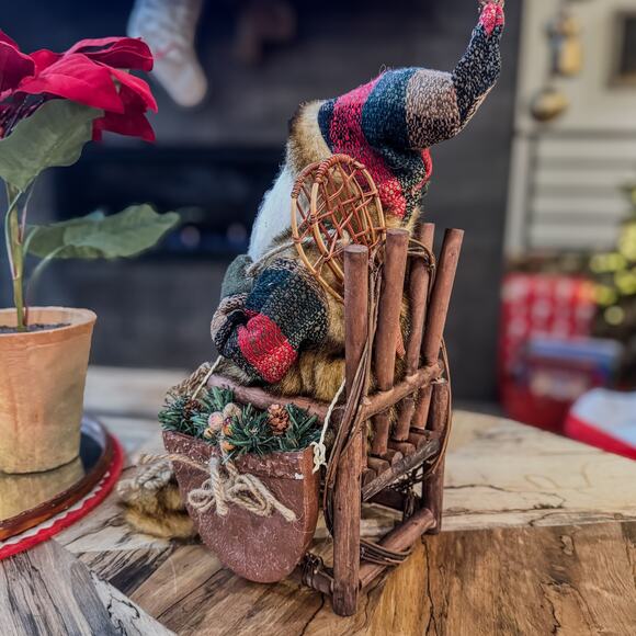 Woodland Mountain Man Santa in Wooden Twig Chair w/ Bird & Snow Shoes, 14"H - Picture 10 of 15